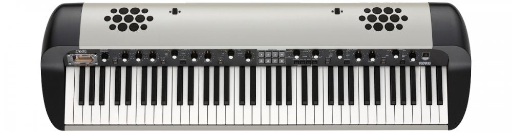 A KORG SV273S synthesizer keyboard with multiple control knobs, buttons, and speakers integrated into the top panel.