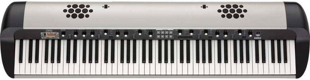 Top view of a Korg keyboard synthesizer with black and white keys and multiple control knobs and buttons.