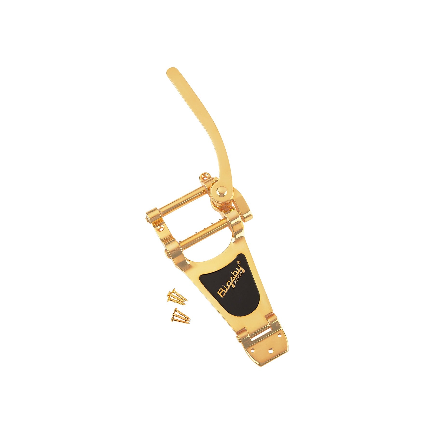 Gold-colored guitar vibrato/tremolo arm with black plate and mounting screws on white background.