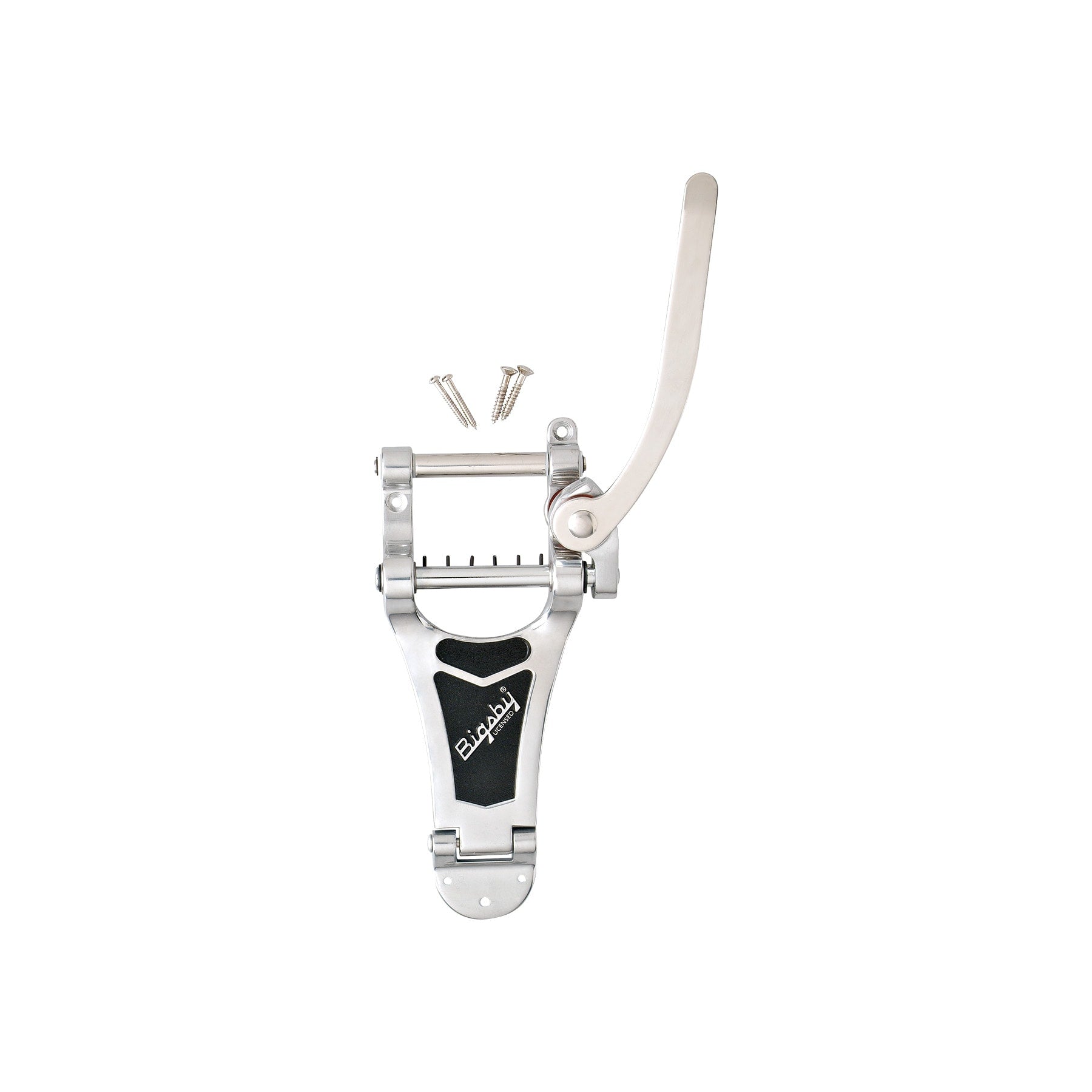 Polished metal guitar tremolo unit with lever and three screws on a white background.