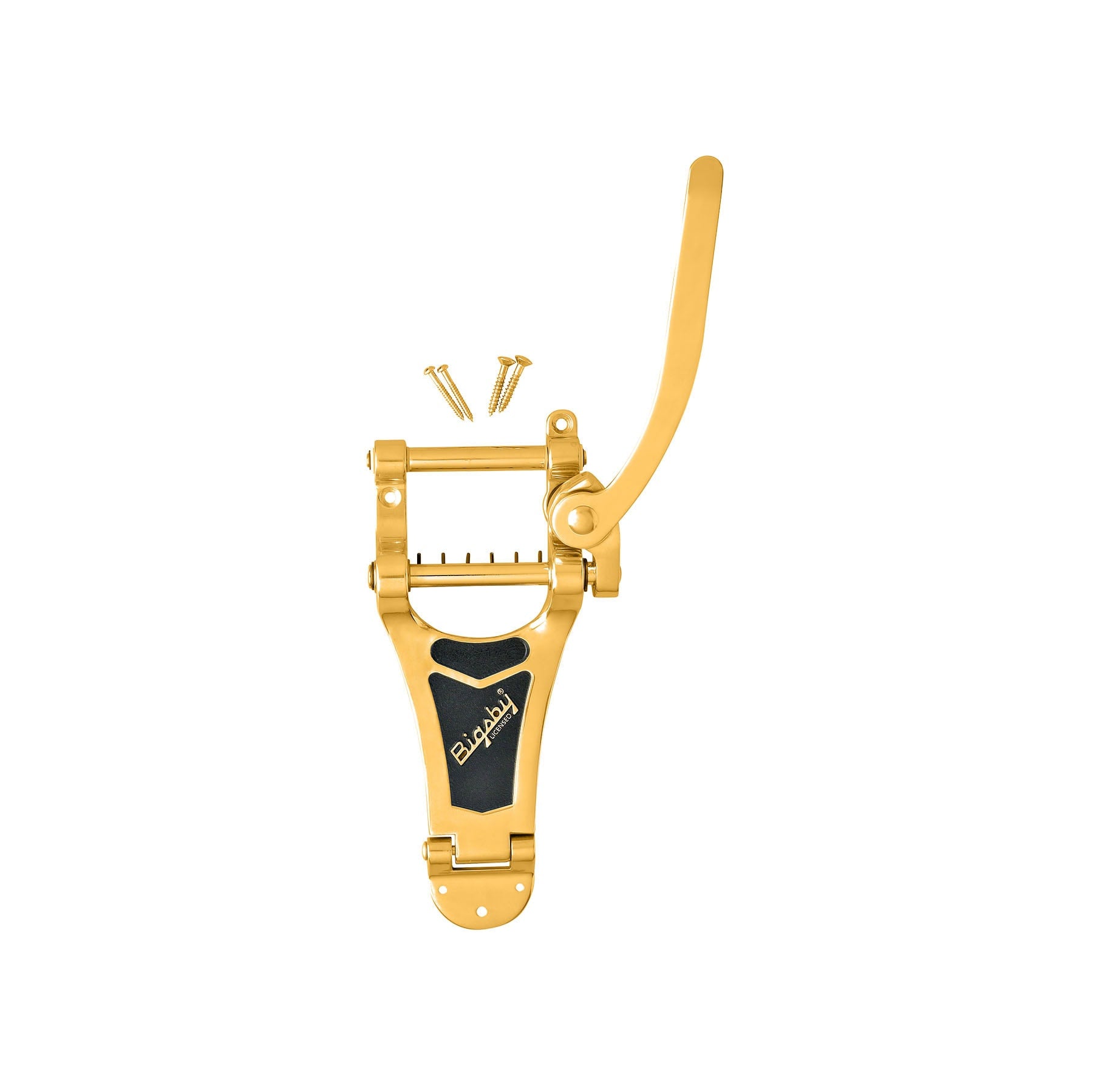 Gold metal vibrato tailpiece with lever and four screws for mounting, labeled Bigsby Licensed.