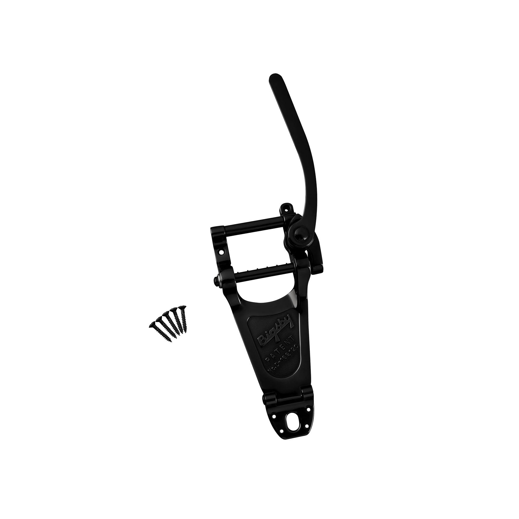 Black metal vibrato tailpiece with lever arm and mounting screws on white background.