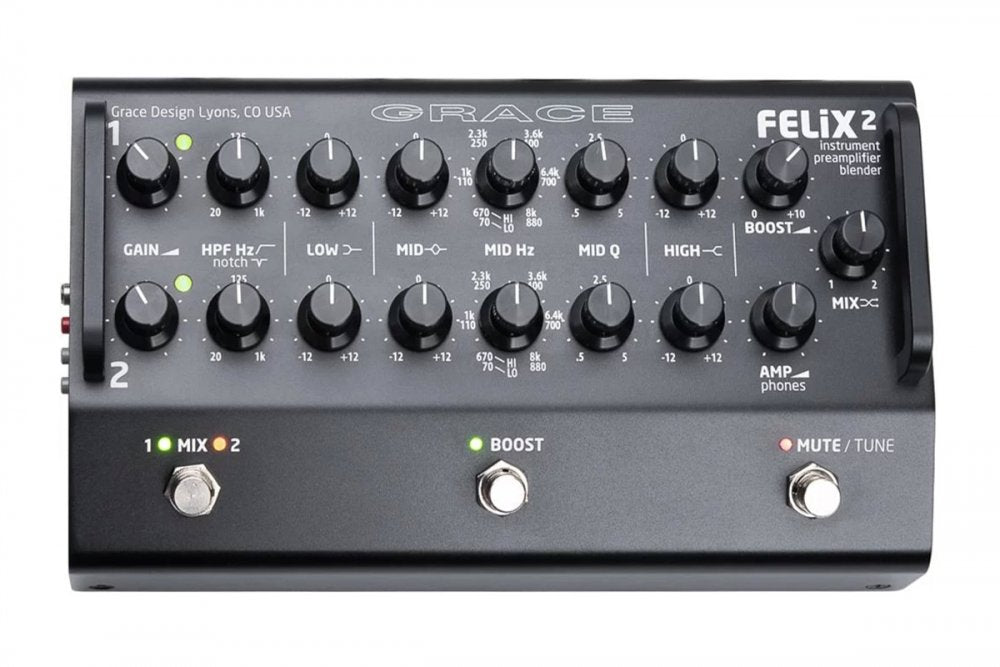 Black Grace Design Felix 2 instrument preamplifier blender with multiple control knobs and footswitches.