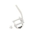 Polished aluminum Bigsby style tremolo unit with lever and four mounting screws on a white background.
