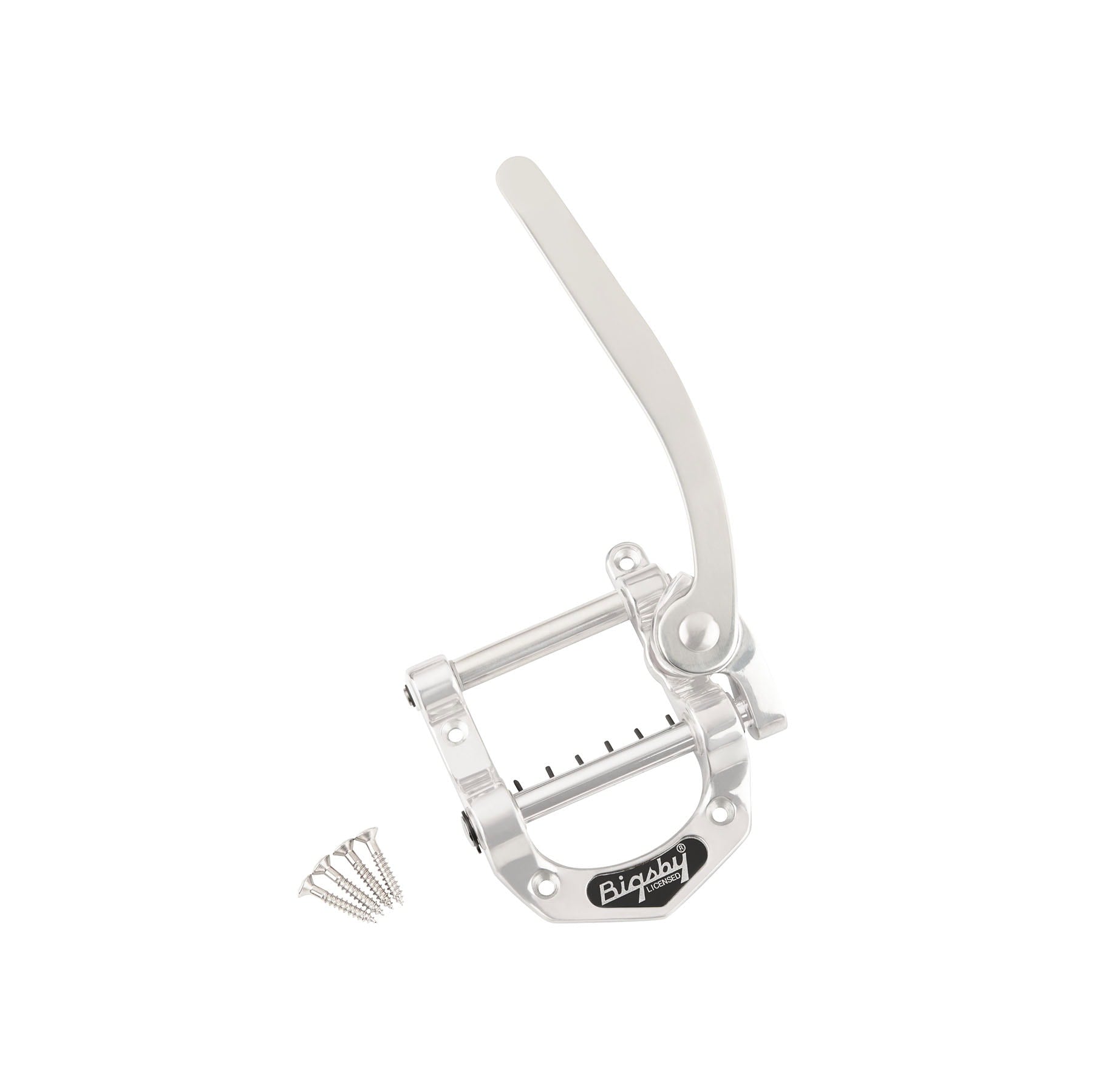 Polished aluminum Bigsby style tremolo unit with lever and four mounting screws on a white background.