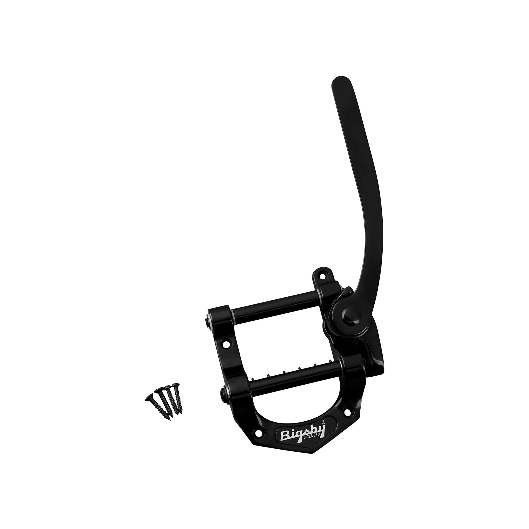 Black metal tremolo arm and mounting plate with four black screws included on a white background.