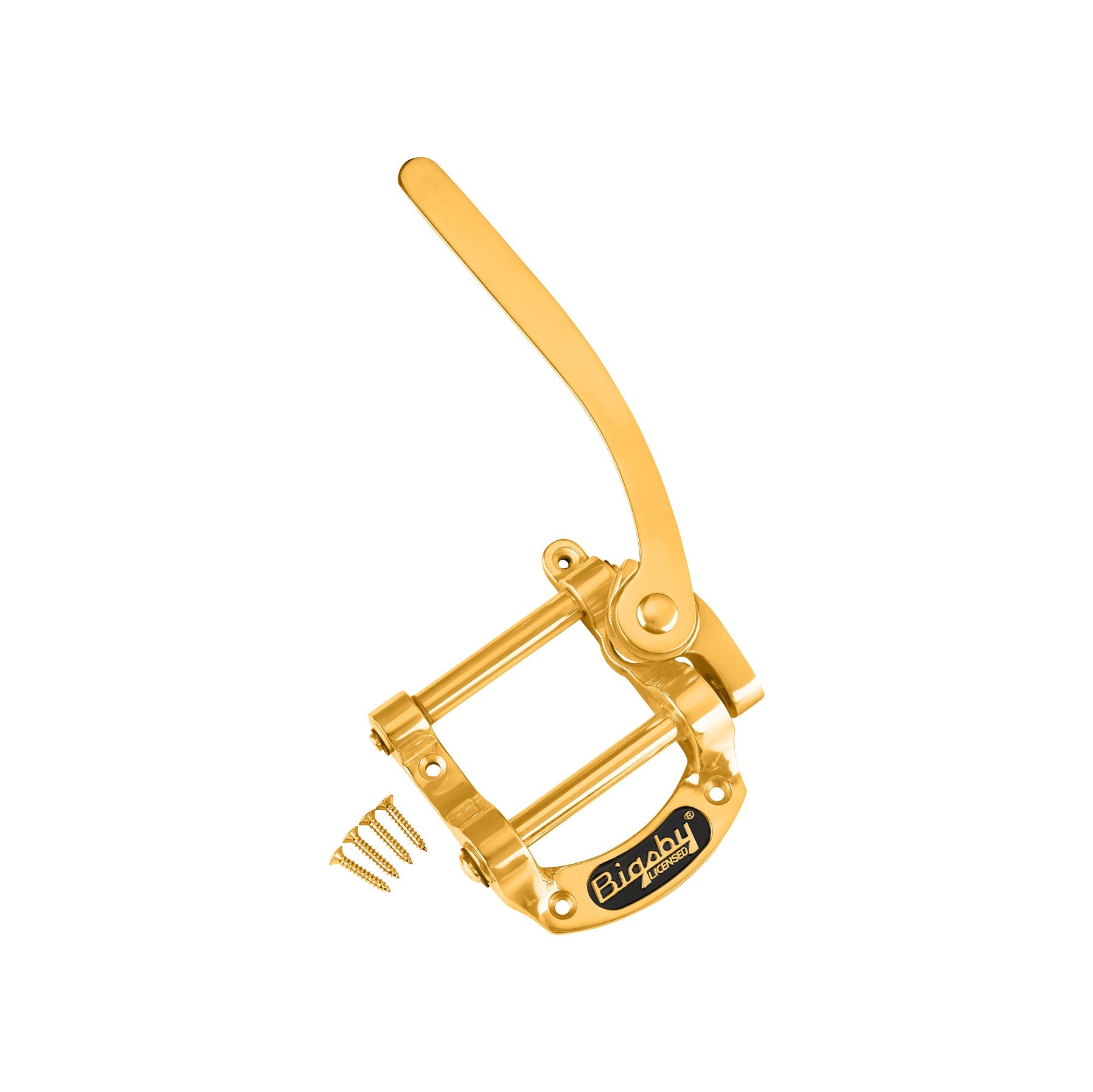 Gold-colored metal guitar tremolo arm with mounting screws and brand label.