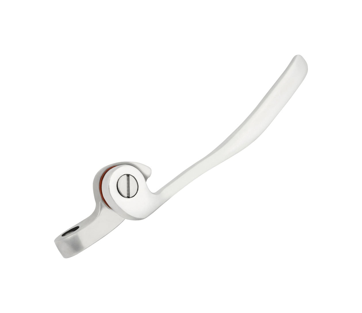 Polished silver metal handle assembly with a circular joint and a red washer visible inside the joint.