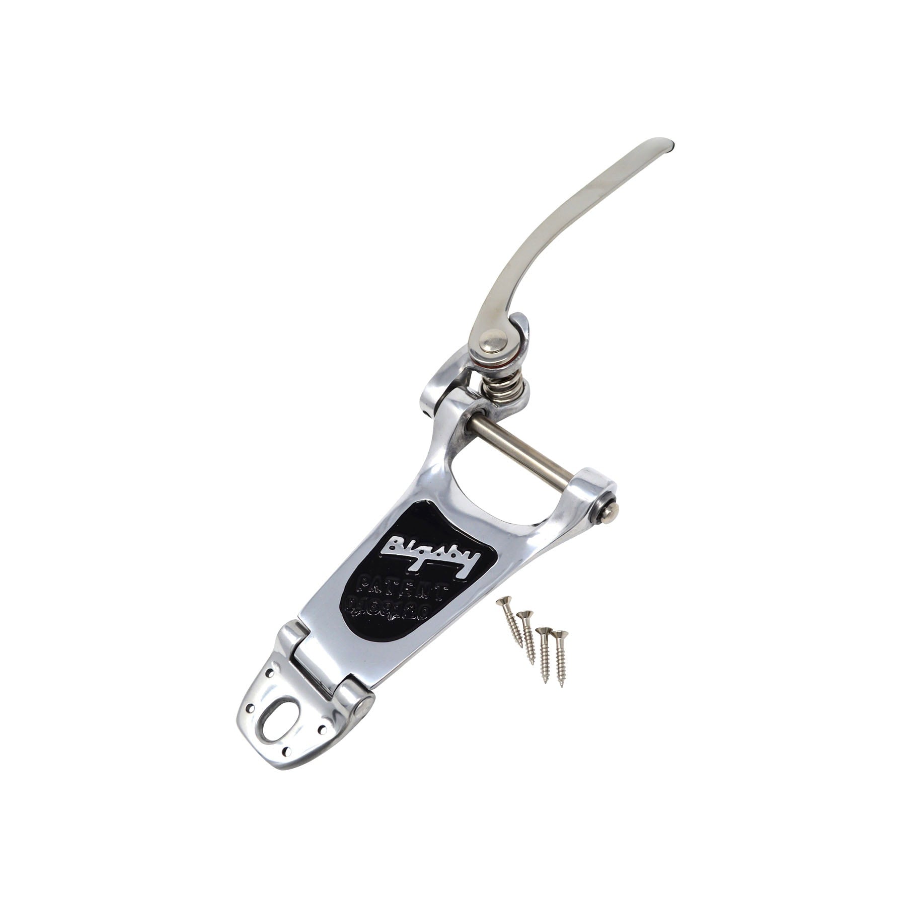 Polished silver metal vibrato tailpiece with black Bigsby logo and four screws on white background.