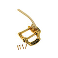Gold metal vibrato tailpiece with a lever and four gold screws on a white background.