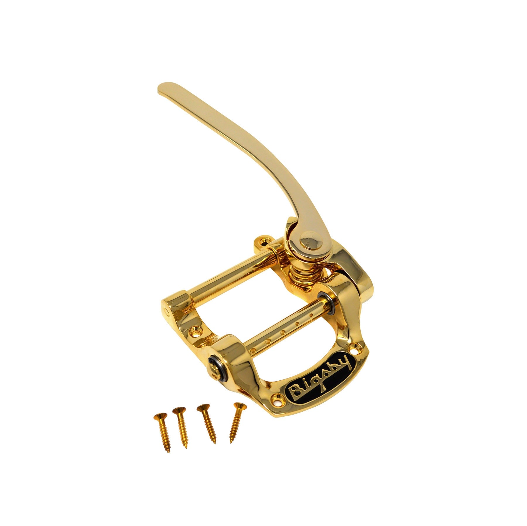 Gold metal vibrato tailpiece with a lever and four gold screws on a white background.