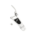 Polished metal vibrato tailpiece with hinge and lever, includes four screws.