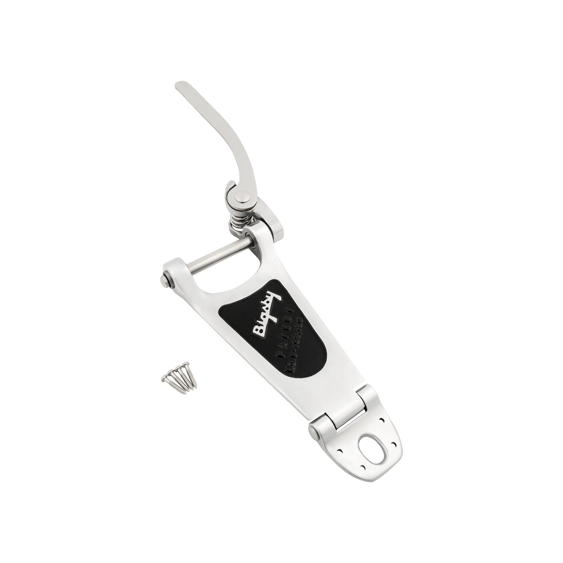 Polished metal vibrato tailpiece with hinge and lever, includes four screws.