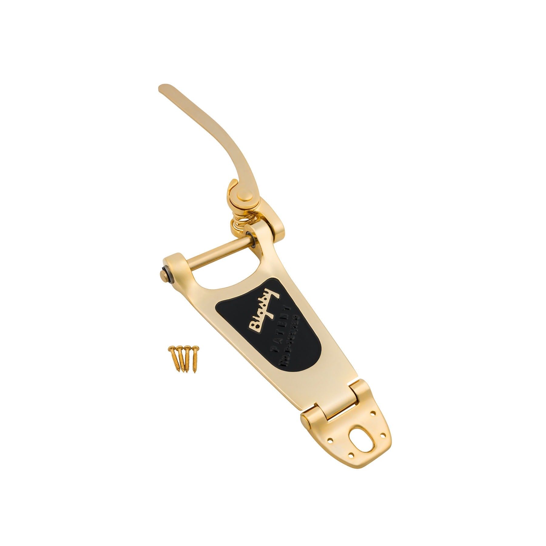 Gold-colored vibrato tailpiece with lever and four screws on a white background.