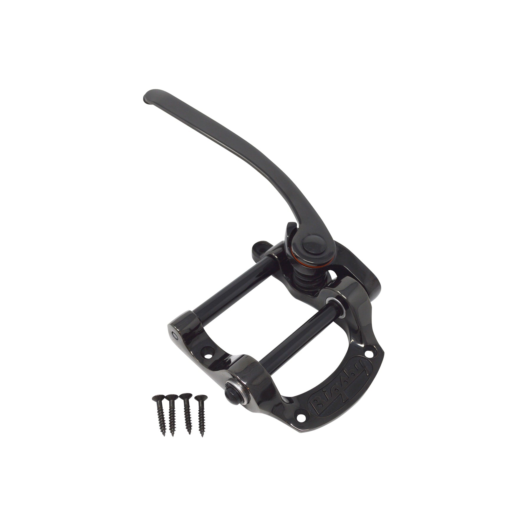 Black metal vibrato tailpiece with lever and four screws on a white background.