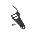 Black metal vibrato tailpiece with lever and included screws on white background.