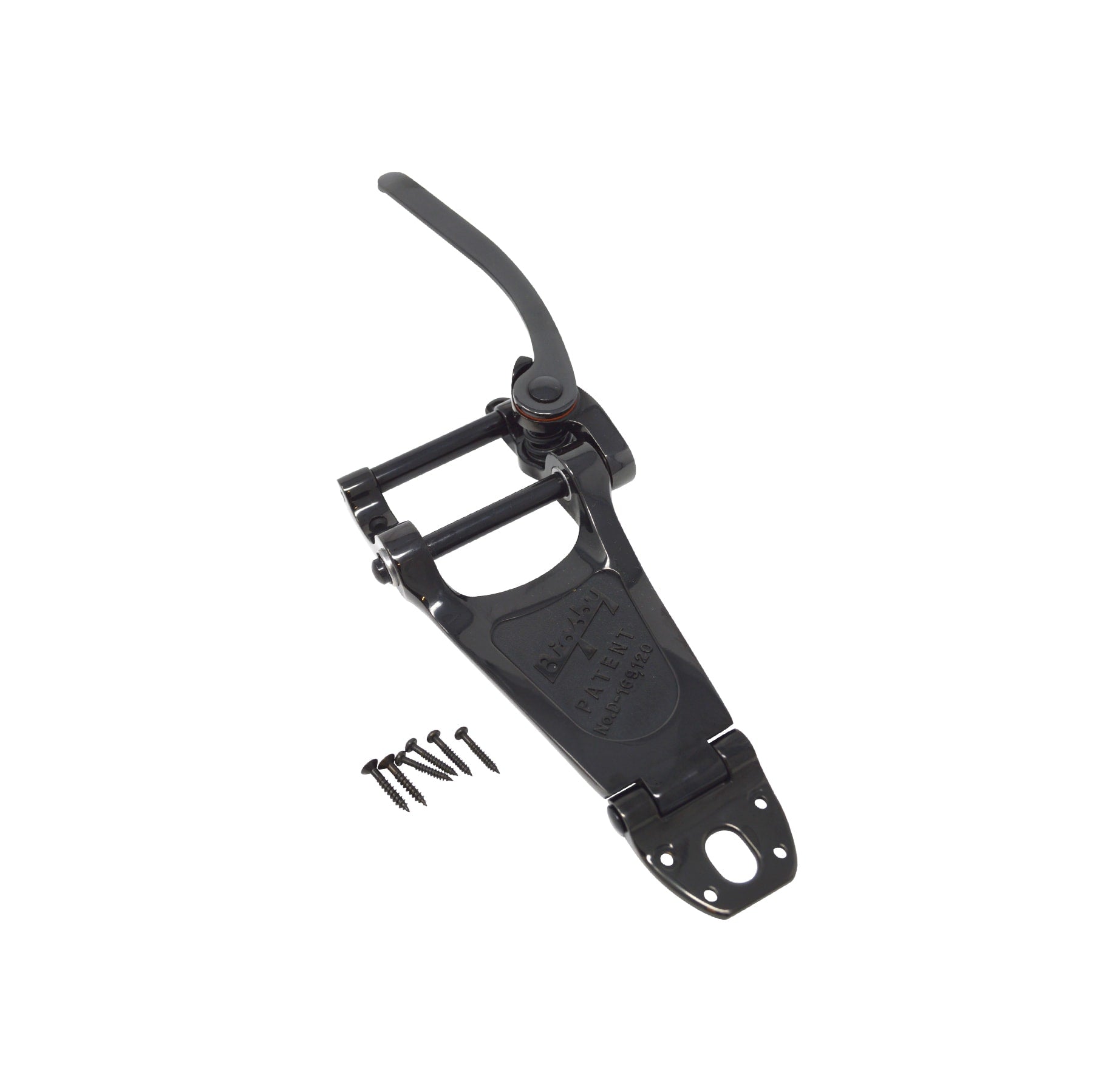 Black metal vibrato tailpiece with lever and included screws on white background.