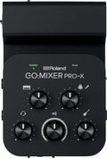 Top view of a black Roland GO:MIXER PRO-X audio mixer with five control knobs and indicator lights.