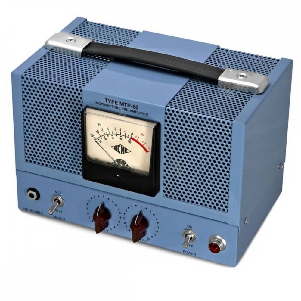 Blue vintage-style Motown tube pre-amplifier with analog meter, one 1/4 inch input, two rotary knobs, and toggle switches.