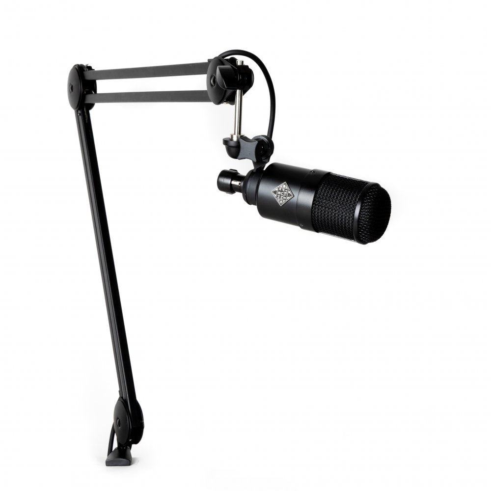 Black studio microphone mounted on adjustable arm stand with visible brand logo on microphone body.