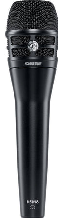 Close-up front view of a black handheld microphone with a mesh grille and SHURE branding.