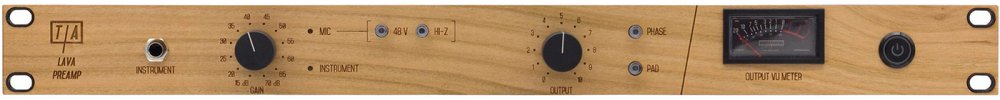 A single-channel analog preamplifier with a natural cherry wood front panel, a round analog VU meter, a large stepped gain control knob, and gold-plated connectors.