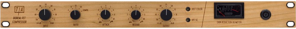 Front panel of a wooden rackmount audio compressor with knobs, buttons, and a VU meter display.