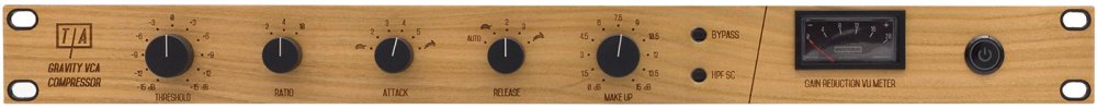 Front panel of a studio audio compressor with rotary knobs, a VU meter, and illuminated power button.