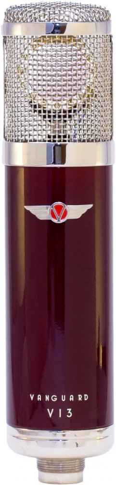 Close-up front view of a Vanguard V13 microphone with metal mesh grille and dark red body.
