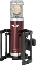 Maroon and silver Vanguard V4 microphone in black shock mount on white background.