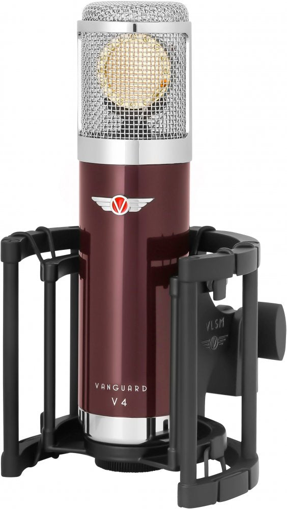 Maroon and silver Vanguard V4 microphone in black shock mount on white background.