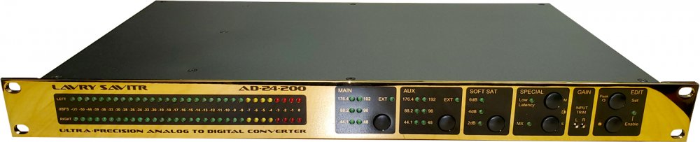 Front panel of a gold and black Lavry Savitr AD-24-200 analog to digital converter with multiple controls and LED indicators.