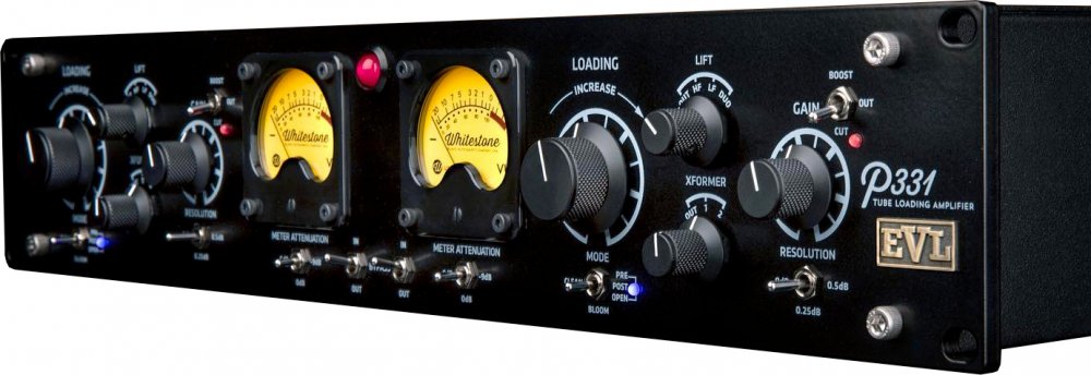 Black audio tube loading amplifier with multiple rotary knobs, two yellow meters, toggle switches, and illuminated blue indicator light.