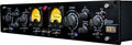 Black audio tube loading amplifier with multiple rotary knobs, two yellow meters, toggle switches, and illuminated blue indicator light.