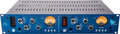 Front panel of a blue dual-channel tube microphone preamp with knobs, VU meters, and input jack.