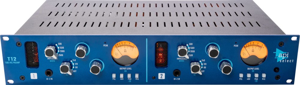 Front panel of a blue dual-channel tube microphone preamp with knobs, VU meters, and input jack.