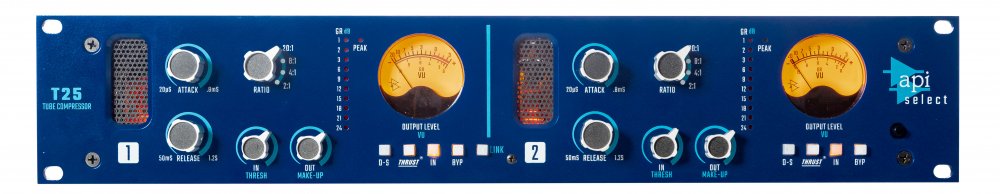 Front view of a blue rackmount T25 tube compressor with knobs, switches, meters, and API Select branding.