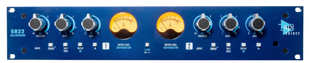 Blue 2-channel audio compressor panel with knobs, VU meters, and push buttons from API Select series.