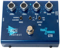 Blue guitar effects pedal with knobs for frequency and gain, toggle switches for mode and output pad, and a footswitch.