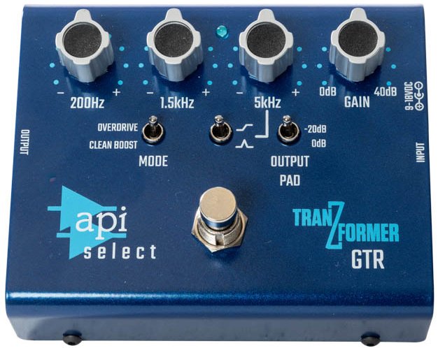 Blue guitar effects pedal with knobs for frequency and gain, toggle switches for mode and output pad, and a footswitch.