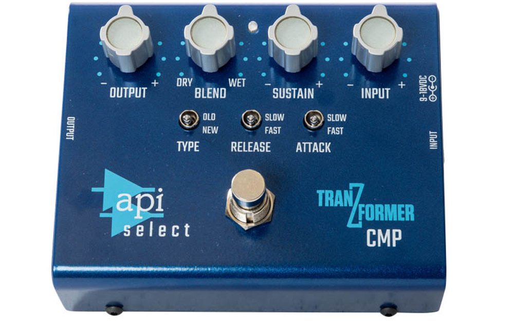 Blue guitar effects pedal with knobs for output, blend, sustain, and input and toggle switches for type, release, and attack.