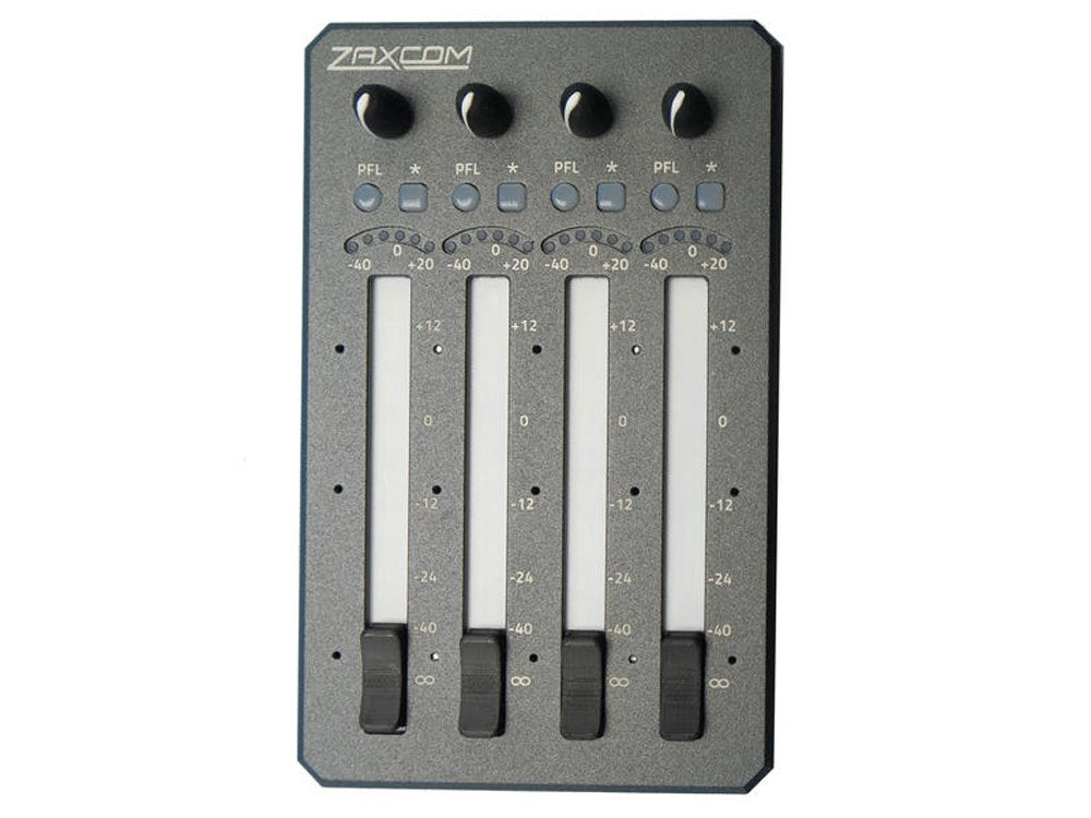 Top view of a Zaxcom audio mixer with four vertical faders, four knobs, and multiple small buttons and indicators.