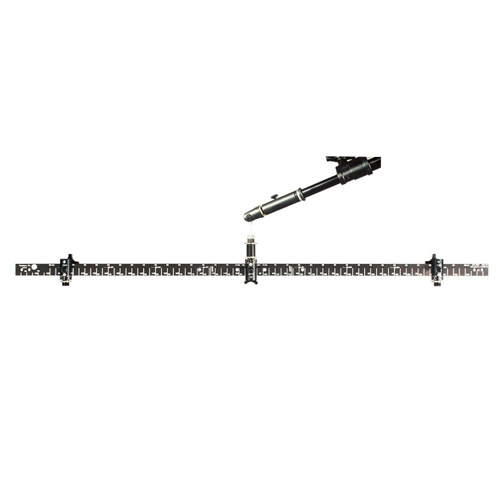 Long metal bar with measurement markings and a mounted microphone suspension arm component