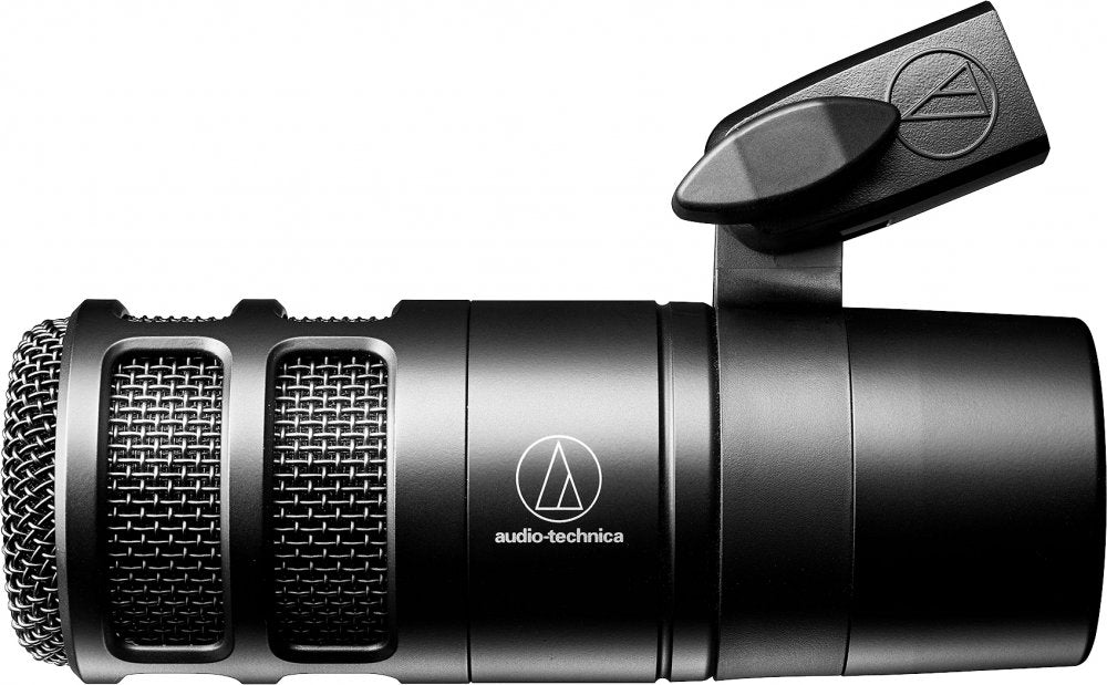 Black studio dynamic microphone with metal grille and Audio-Technica logo on body.