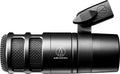 Black studio dynamic microphone with metal grille and Audio-Technica logo on body.