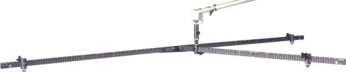 Black metal microphone crossbar stand with attached microphone on a boom arm against white background.