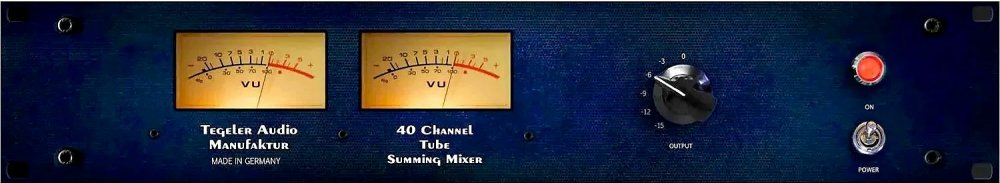 Blue audio device front panel with two VU meters, a rotary output knob, and power toggle switch with red button.