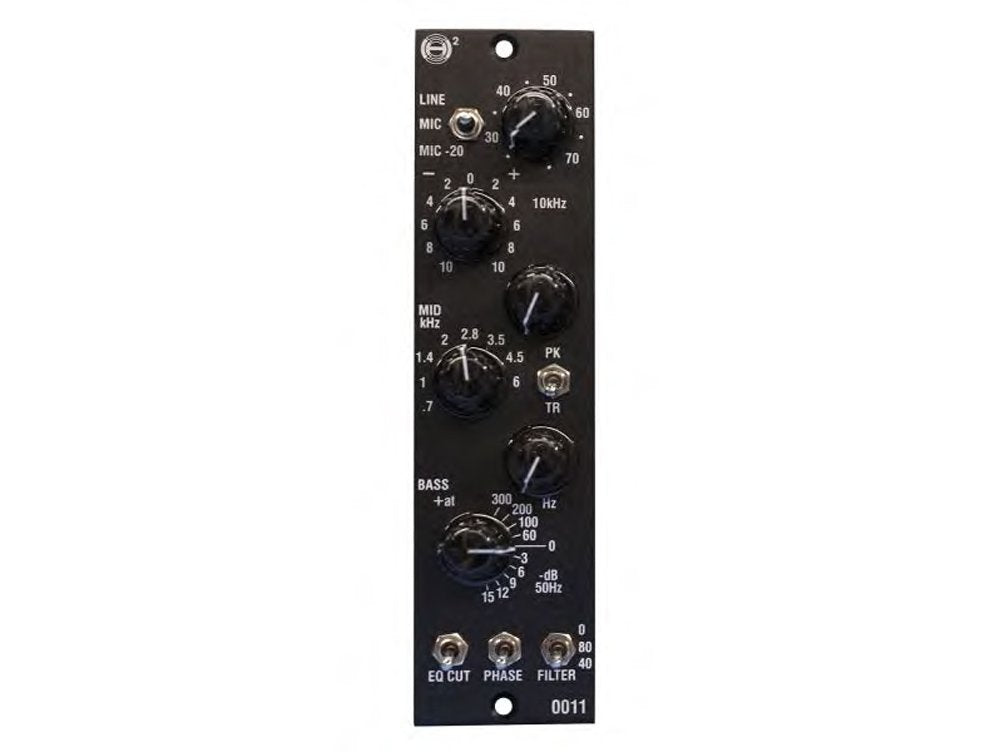Black audio module panel with five rotary knobs and four toggle switches labeled with EQ and microphone preamp functions.
