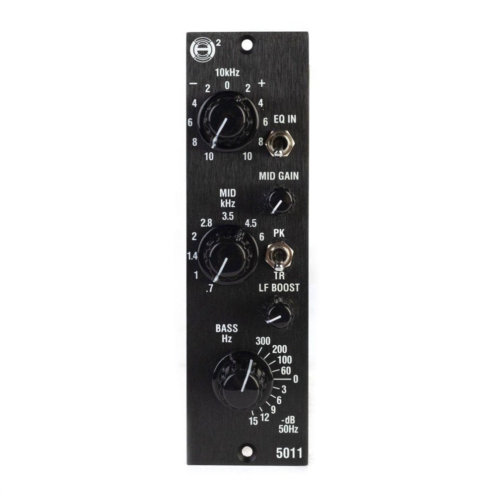 Black audio equalizer module with three rotary knobs, two toggle switches, and one 1/4 inch input jack.