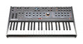 Front view of a TAKE 5 synthesizer with keyboard, knobs, sliders, buttons, and digital display on black panel.